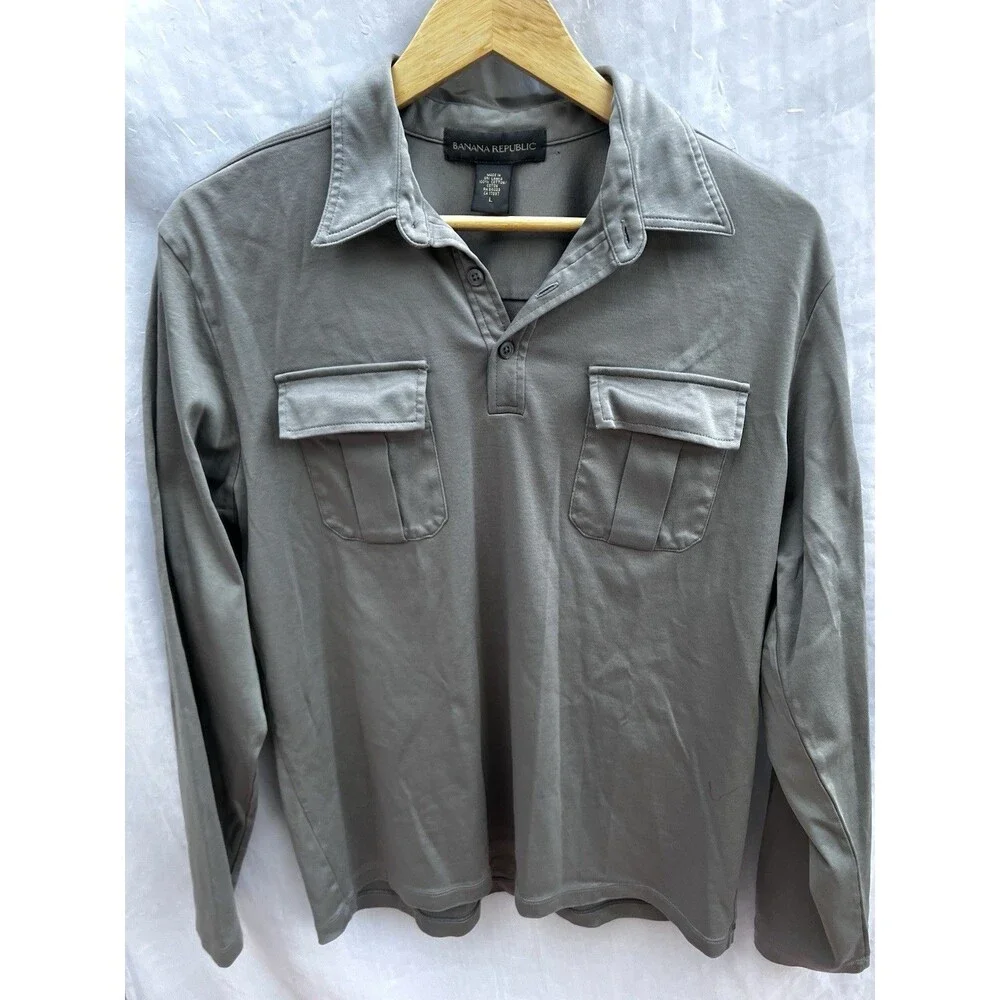 Banana Republic Gray Utility Polo Shirt Large 100% Cotton Long Sleeve Casual